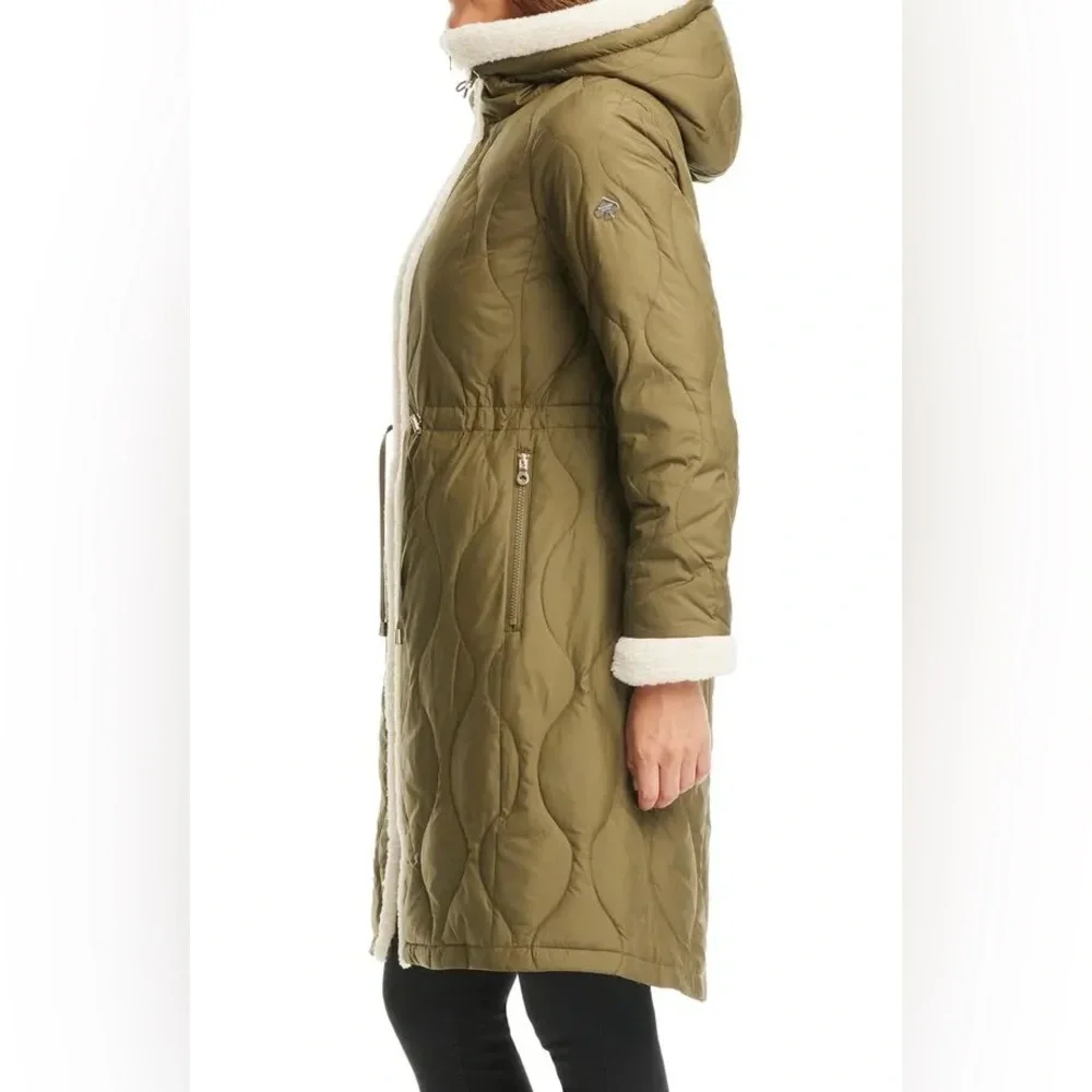 NWT KATE SPADE FAUX SHEARLING TRIM DOWN AND FEATHER FILL LONG COAT OLIVE SIZE XL - Picture 4 of 16